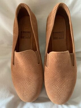 Fitflop tan suede leather perforated 'Superskate' loafers